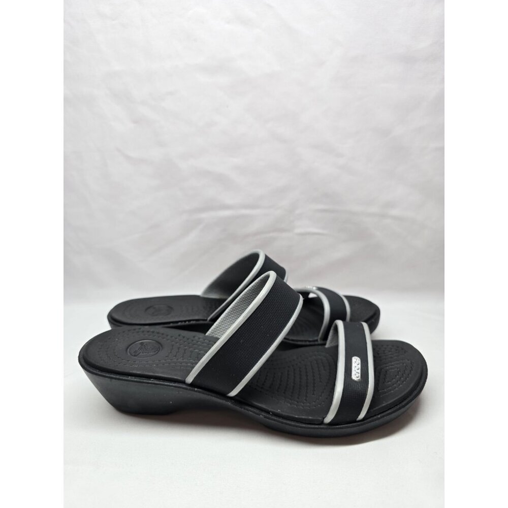 Crocs Madeira Sandals Womens Sz 7 Black Gray Double Strap Wedge Rubber Comfort